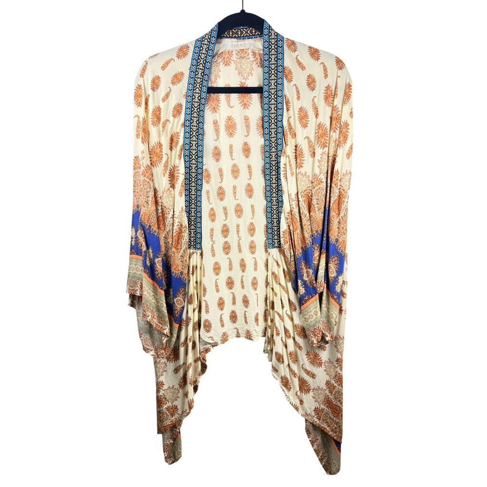 Entro Women Paisley Print Open Front Kimono Embroidered Trim Boho Blue Orange S